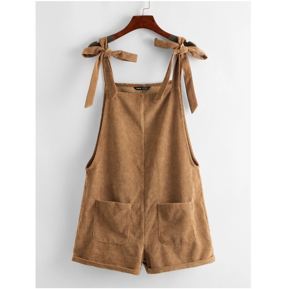 Brown Camel Corduroy Knot Shoulder Overall Shorts with Pockets